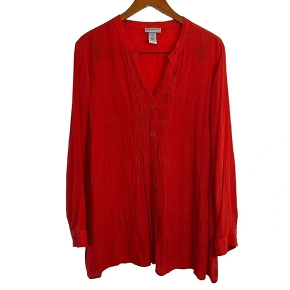 Catherines Orange Blouse 1X Button Up Long Roll Tab Sleeves Pleated Lightweight - Picture 1 of 7